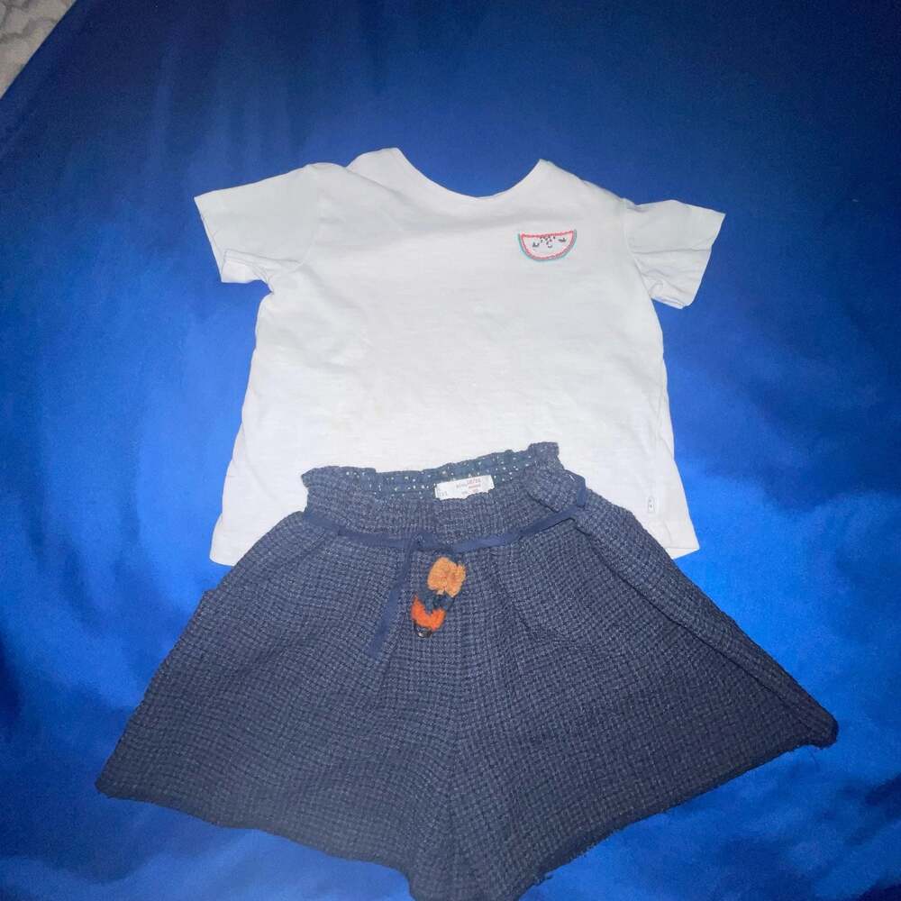 Sz 18-24 M Zara Baby White Watermelon Embroidery T-Shirt and Blue Waffle Knit Sh